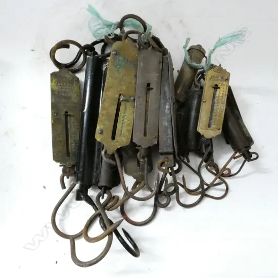 BOX OF 12+ BRASS FLAT FRONT SPRING BALANCES (NEED POLISHING)